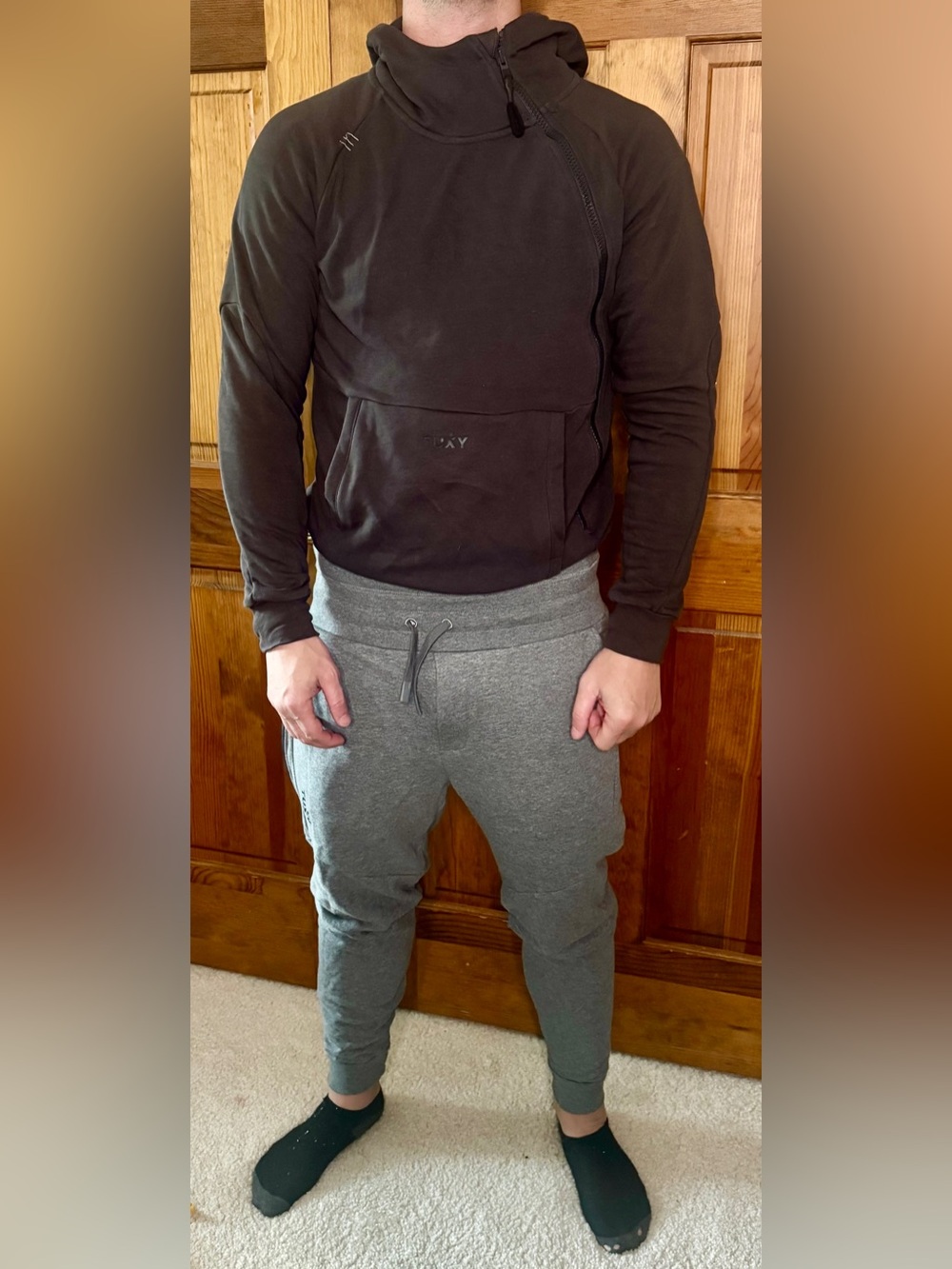 Tuxy Onesie Sweatsuit Gray Brown Drawstring Waist Asymmetrical Zip